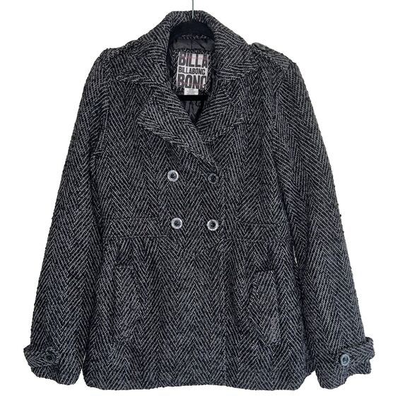 Billabong Tweed Pea Coat Jacket Womens Size XL Wool Blend Collared Black Pocket - Picture 1 of 16